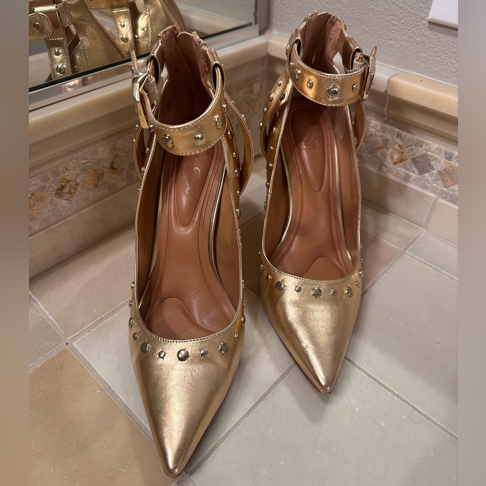 Jessica Simpson Gold Studded Heels - Picture 2 of 6